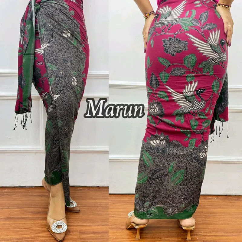 kamen lembaran paris motif daun-set selendang Panjang Dress-0413 2