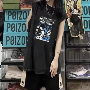 Rompi tanpa lengan motif grafiti bunga sakura kartun Amerika, atasan tank top olahraga yang dicuci, atasan longgar unisex ala Instagram.