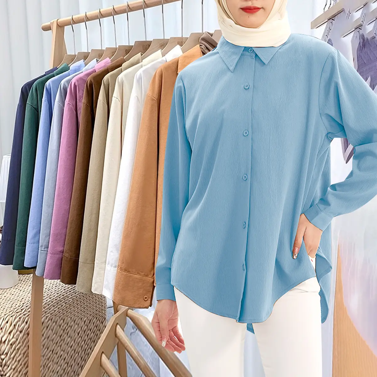 #390A baju muslimah plus size baju wanita elegan korean style baju lengan panjang viral terkini crop top for women murah cantik kemeja perempuan outfit wanita baggy tshirt white blouse labuh cottoon