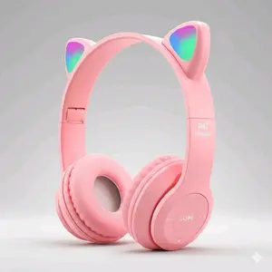 P47 Cute Cat Ear Wireless Headphones with Multicolor Glow - Perfect for Gamers & Music Lovers! A112