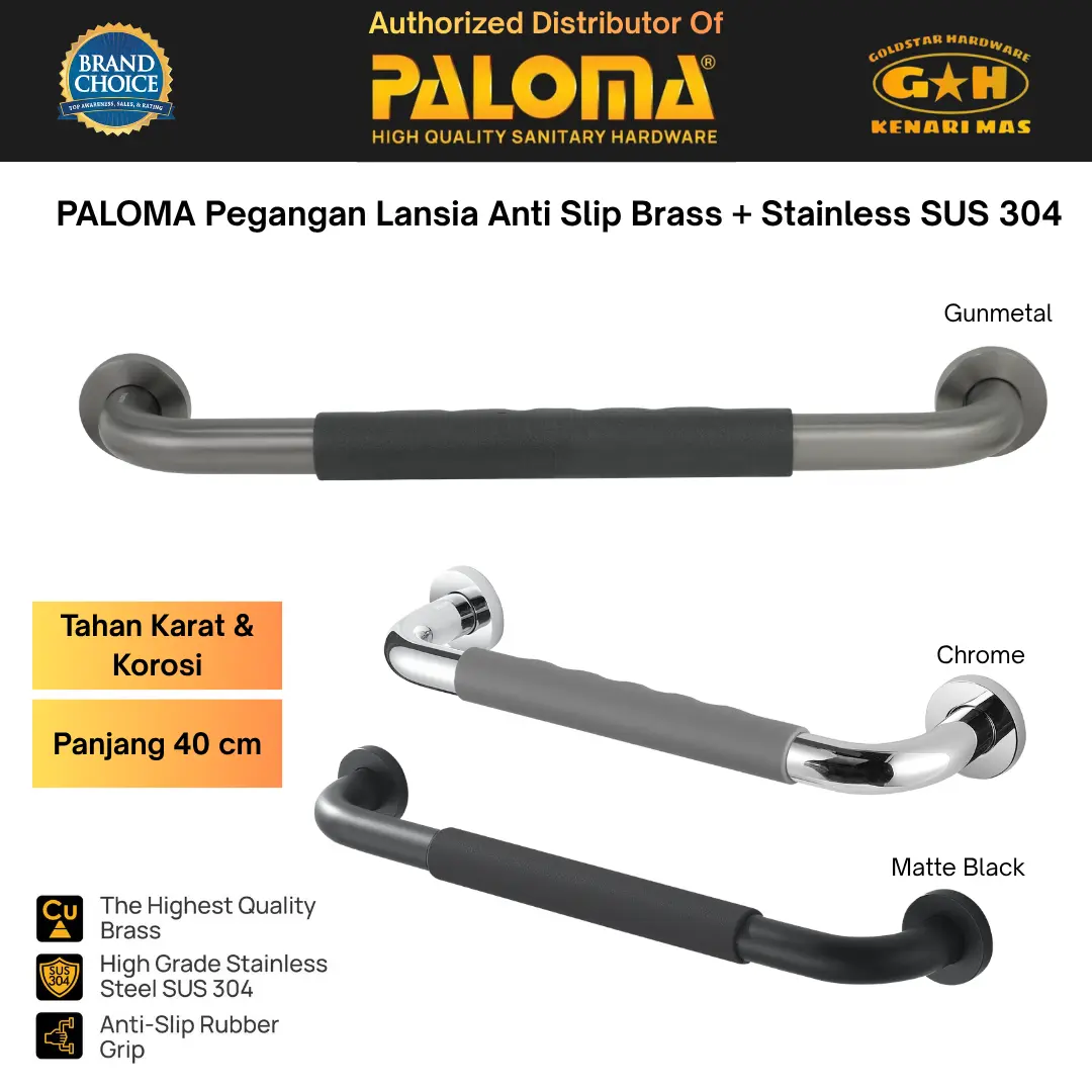 PALOMA Pegangan Kamar Mandi Bath Grab Bar Handle Bathtub Tub Toilet Wall Dinding Brass Kuningan Stainless SUS 304 BAP 1524 9224 2124GM Matte Black Hitam Chrome Krom Gunmetal Grey Abu Abu
