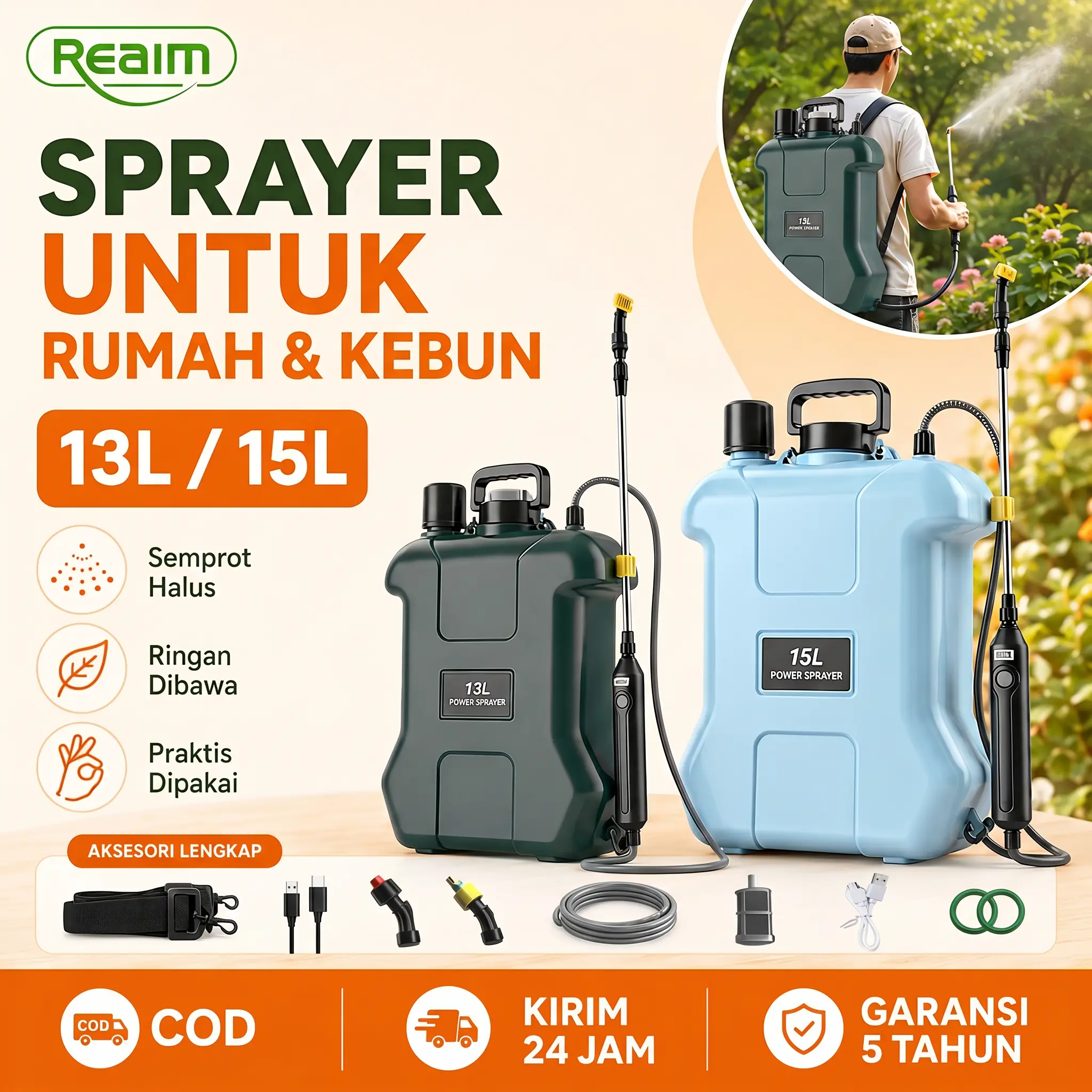 REAIM Penyemprot Listrik Baterai Lithium 13L&15L Tangki Tebal Nozel Adjustable 4 Mode Semprot Batang Teleskopik Alat Semprot Obat Kebun Sawah dan Taman Rumah
