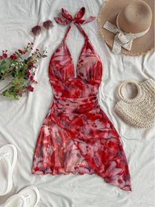 Minivestido sexy romántico de verano para vacaciones, estilo antiguo con cuello halter y escote en V, encaje y borde asimétrico