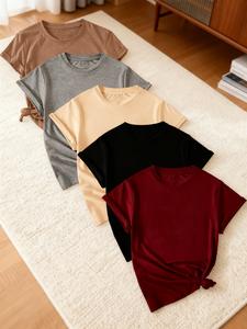 Camisetas Mujer 5 Pack Estampado Liso Varios Colores Casual Básica Cómoda Transpirable Uso Diario