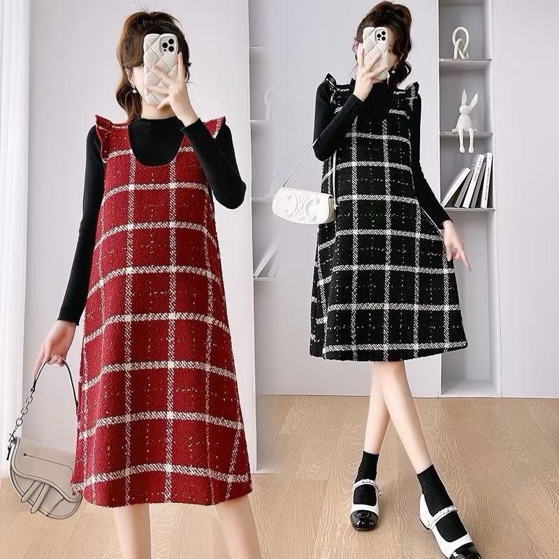  Váy bầu thu đông cánh tiên kẻ dạ kèm áo giữ nhiệt 