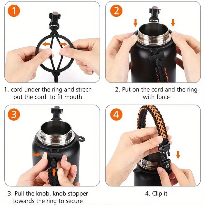Product Introduction of 1pc Paracord Water Bottle Handle Carrier, Durable Umbrella Rope Weaved Sleeve For Outdoor Activities, Fits Up To 64oz Wide Mouth Bottles, Easy Carry For Hiking & Camping, With Carabiner Clip Drinkware Cup Tumbler Mug 6