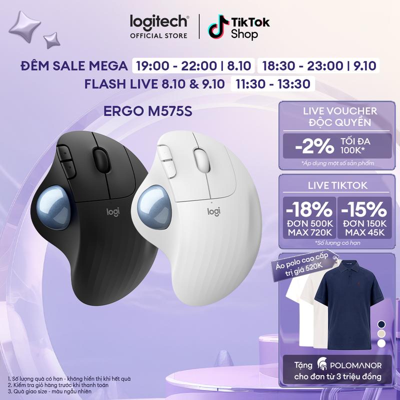 Chuột không dây Công Thái Học Logitech Ergo M575s Silent - Bluetooth, USB Bolt, Giảm ồn, Trackball ngón cái chuot cong