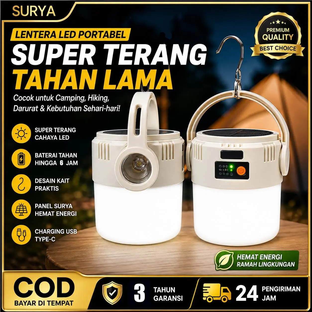 【Garansi 3 tahun】lampu emergency core Lampu Darurat Portabel 3000W LED Isi Ulang Cas Tenaga Surya & Listrik Tahan Air  untuk Camping & Pasar Malam - Gantung