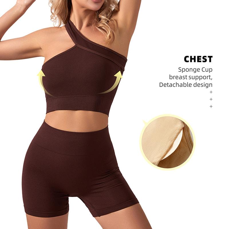 Bộ Đồ Tập Gym Không Đường May Cho Nữ, 2 Món, Yoga, Áo Ngực Thể Thao, Áo Crop Top, Quần Đùi Cạp Cao, Trang Phục Tập Thể Dục, Quần Áo Tập Luyện 5