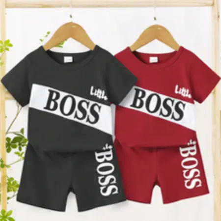 Pakaian Musim Panas Bayi Lelaki, Stok Sedia, Baju Atasan Sambatan, Seluar Pendek Elastik, Set Pakaian 2 Keping, Hitam, 122302007