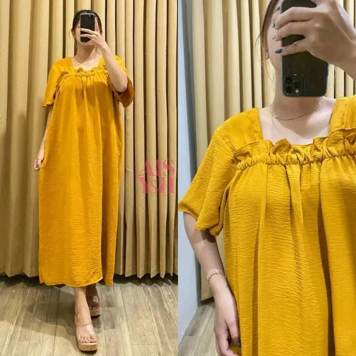 Daster Fuji Crinkle Airflow Kekinian Panjang - Homedress Ruffle Fuji Style Audy Maura Slim Premium dress 3/4 5