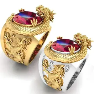 Cincin Naga Totem Perak Emas Warna Emas Pria yang Dipersonalisasi Cincin Naga Naga Emas Kristal Buatan Pria Oval Merah Pesona Cincin Naga Emas Aksesori Elegan Pernikahan Pria Cincin Pesta Original