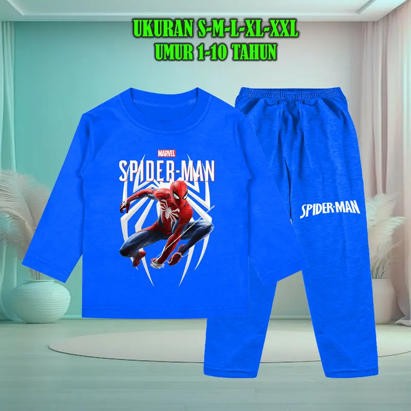 Setelan Baju Anak Tidur Gambar Spiderman Lengan Panjang dengan Sablon Berkualitas - Baju Anak Fashion laki Celana 0