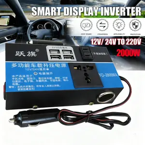 2000W Inverter Mobil DC 12V Ke AC 220V Konverter Daya Splitter 4 USB Pengisian Cepat Soket Universal Monitor Tegangan Pintar