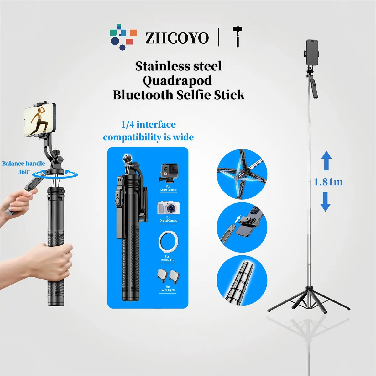 ZIICOYO Stainless Steel 1.81m Stable Four-Legged Bluetooth Selfie Stick 8-Section Telescopic Rod Detachable Phone Clamp Balance Handle 1/4 Interface Wide Compatibility Handheld Selfie Ground Live Broadcast, Compatible With Android And IOS