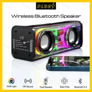 [COD] Speaker Bluetooth V8 Ganda dengan RGB LED dan Subwoofer Transparan Bass Stereo - Wireless Bluetooth RGB Led Display