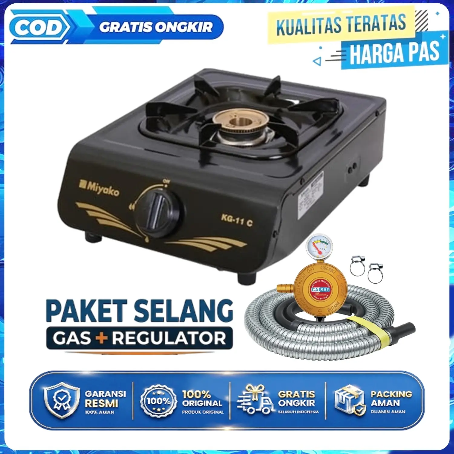 MIYAKO KG11C Kompor Gas 1 Tungku Body Teflon Bergransi Resmi + SELANG REGULATOR