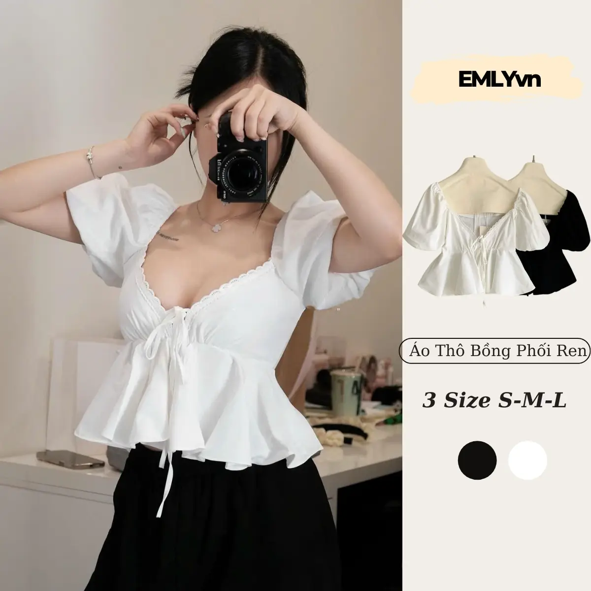 EMLY - Áo Thô Nữ Tay Bồng Cổ Tim Viền Ren Fom Xòe Tôn Dáng, Áo Babydoll Nữ Xinh Tay Phồng Hot Trend