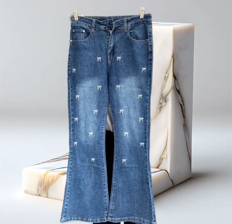 Celana Panjang Wanita Cutbray Jeans High Waist dengan Pita Bordir melar flare pants hip tell loose coquette cutbray wanita remaja xl Dewasa Bawahan 4