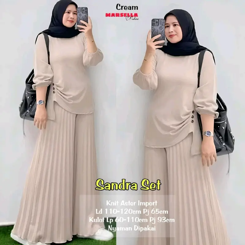 Pakaian setelan wanita bahan knit aster import LD 110-120 cm lengan panjang celana kulot plisket nyaman dipakai bestseller Sandra set Adra set by Vensy marsella 1