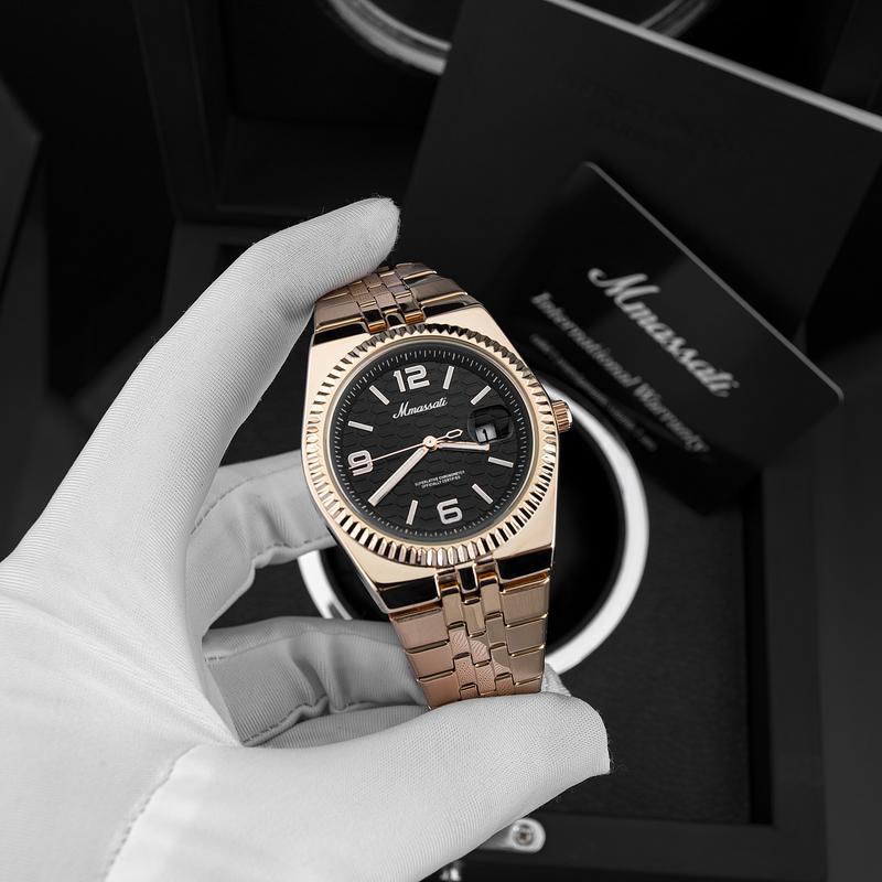 ĐỘC QUYỀN HÙNG LUXURY N508 - Đồng Hồ Nam Mmassati Mặt Tổ Ong Đen Sang Trọng Viền Khía Bản Lớn Dây Kim Loại Mạ Vàng Hồng Máy Pin Quartz