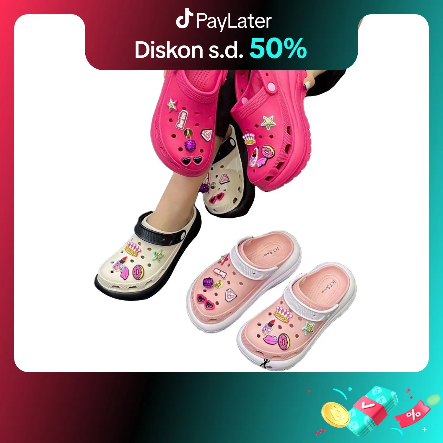 YESPLUS 8102-1 Sendal Selop Wedges Sendal Baim EVA Rubber Motif Barbie Tinggi 7 CM Import Korean Style