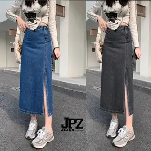 Rok jeans korea style rok A-line wanita pinggang tinggi High Waist Tebal