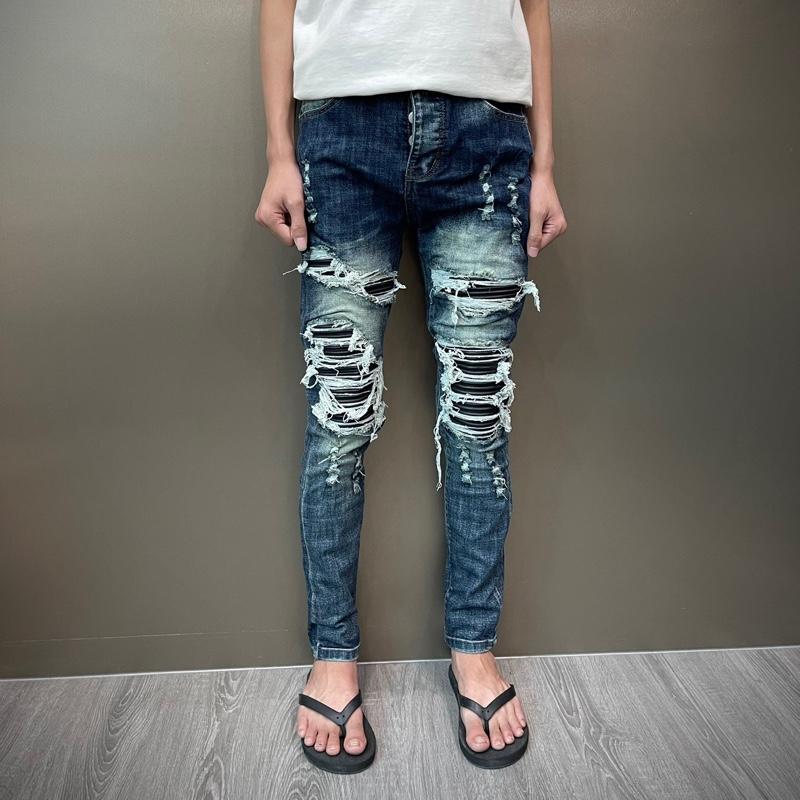 Quần jean xanh vá da Cứng thêu sát viền thêu vân ở da bản 4 khuy mã 69660 Pants Menswear