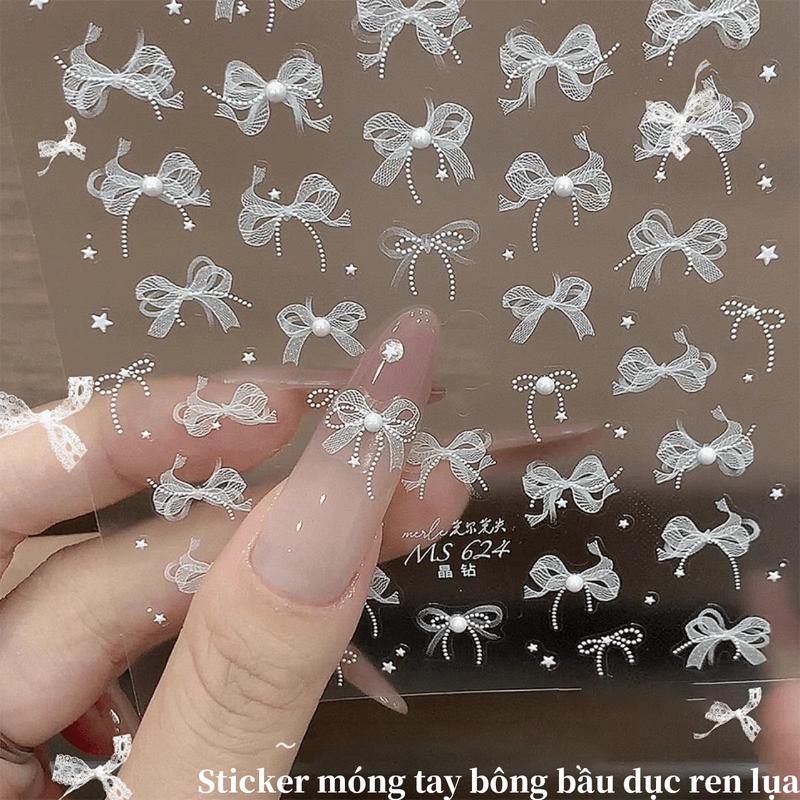  Thép dán móng tay Hàng Mới Về,Miếng Dán Móng Nghệ Thuật Nơ Ren Trắng 5D Đính Ngọc Trai Và Đính Đá Đồ Trang Trí Móng Tay Decal Can Dính Phụ Kiện Tự Làm Thanh Trượt 