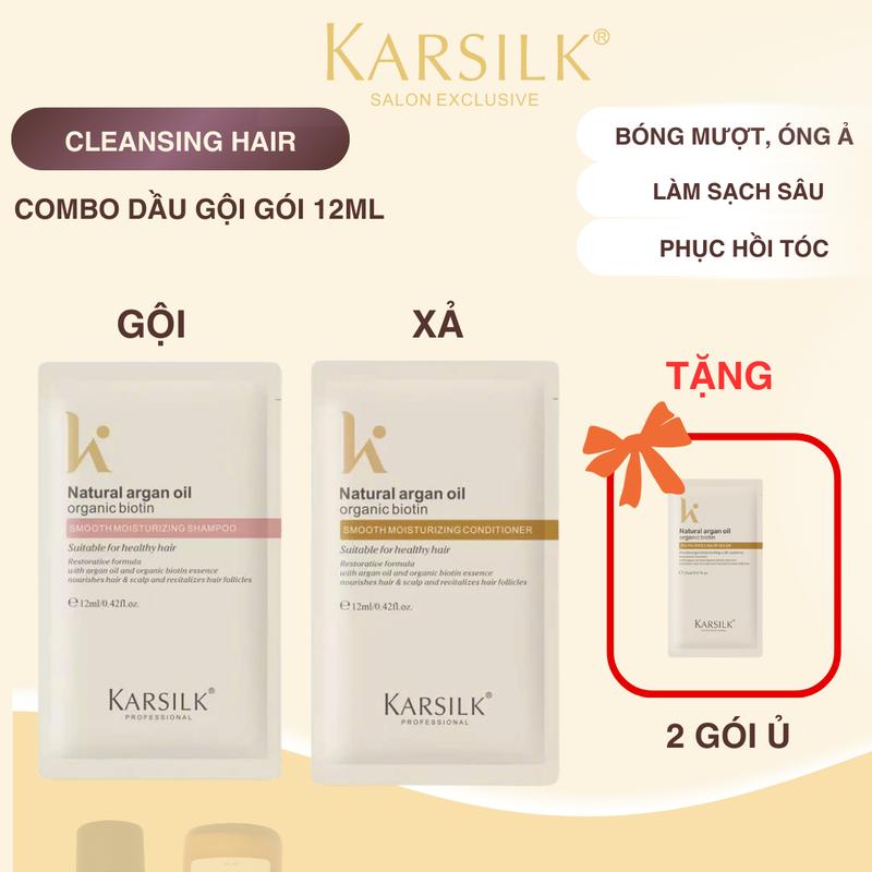 KARSILK COMBO GÓI GỘI XẢ CHUẨN SALON 12ML - TÓC ÓNG Ả VỚI DẦU ARGAN & VITAMIN E Bộ gội xả