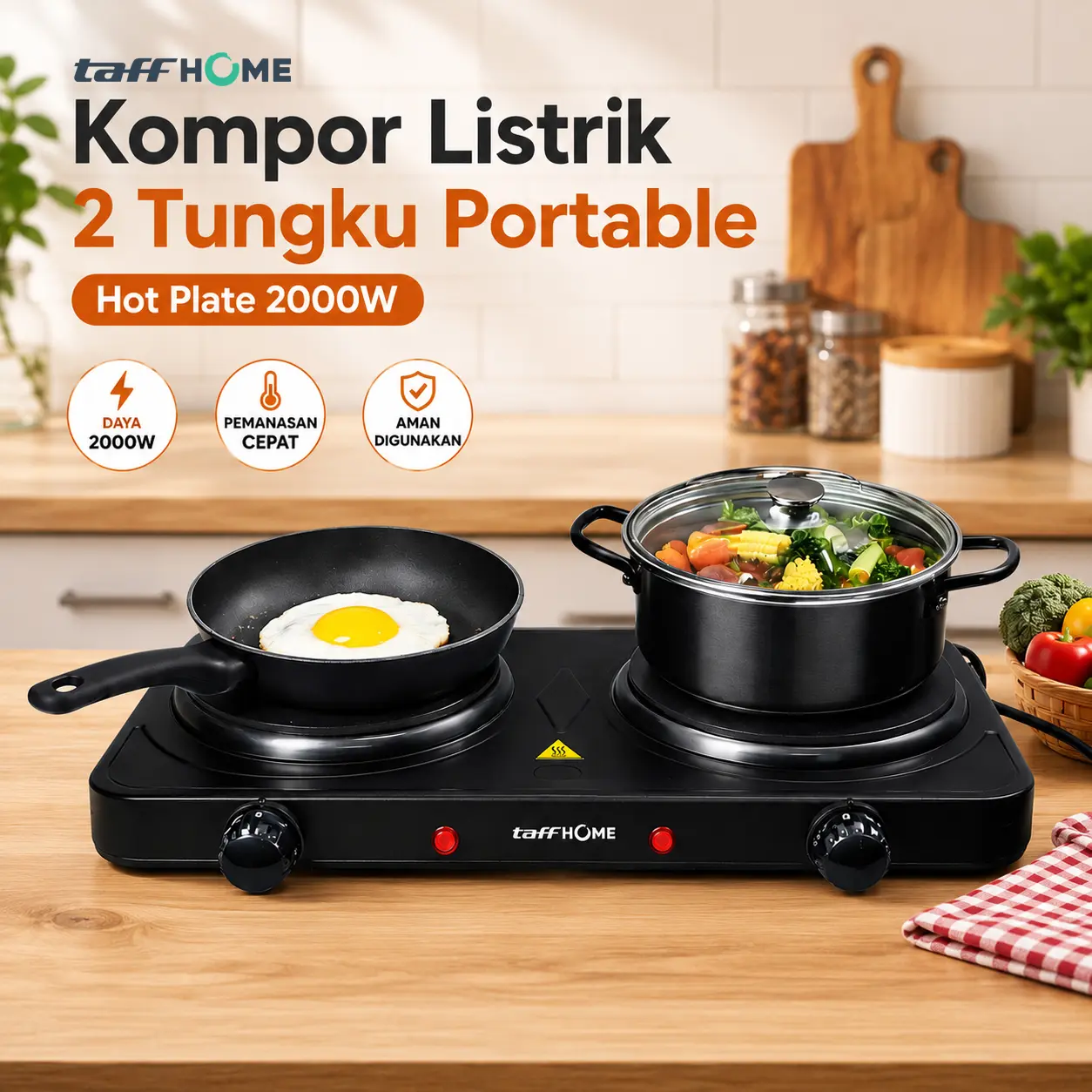 TaffHOME Kompor Listrik 2 Tungku Portable Hot Plate 2000W - H2-2000-04