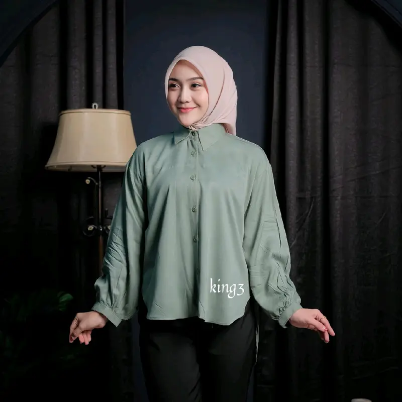 Kemeja wanita rayon premium oversize lengan kerut -  baju Atasan cewek berhijab simple elegan - kemeja lengan Panjang 2