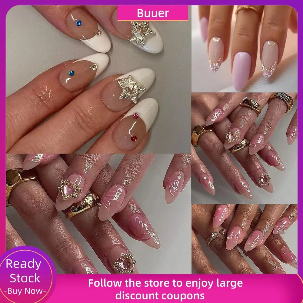 French False Nails Butterfly Star Long Almond DIY Press On Nails Manicure Detachable Fake Nials for at Home