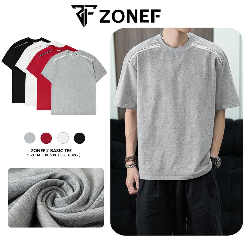  Áo Thun Trơn Phối Zip Vai Unisex Form Oversize Chất Liệu Thun Da Cá Chéo By ZONEF Menswaer TOP Màu Đen Menswear Cổ Tròn 