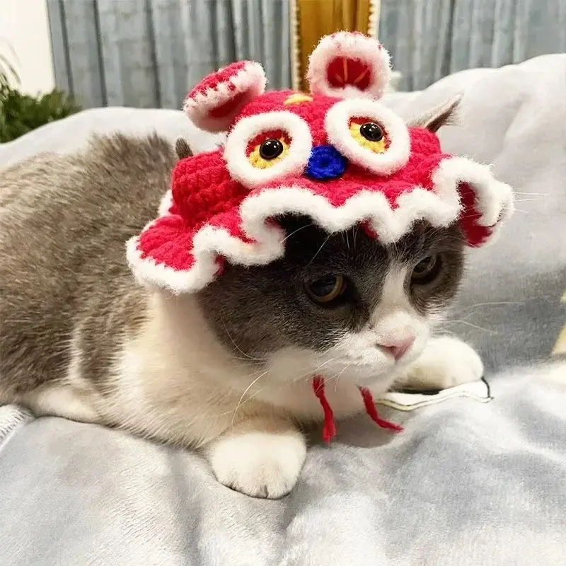 Cute Pet Knitted Hat with Delicate Hemming Pendant Decor and Adjustable Strap for Party Dog Headwear