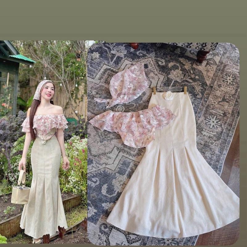  Set Áo Trễ Vai Chất Voan Phối Chân Váy Đuôi Cá Cotton Lạnh Kèm Khăn Voan Đầu Dịu Dàng Thanh Lịch Phong Cách Thời Trang Sang Trọng Dễ Thương. 