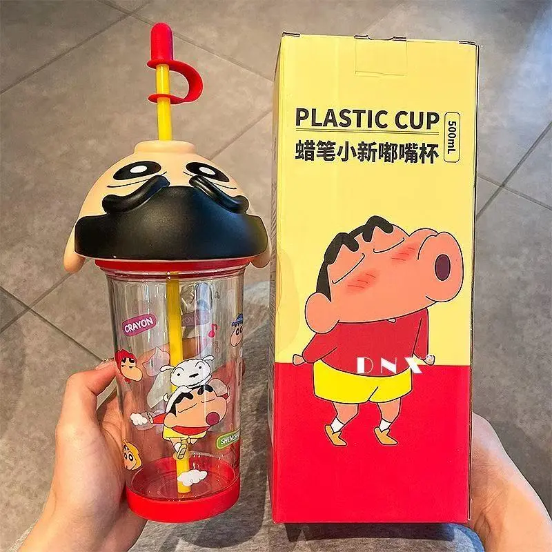 Cốc Nước Shin Chan Bút Chì Màu, Dung Tích Lớn 500ml, Được Làm Bằng Nhựa, Chai Titan, Không Chứa BPA, Thiết Kế Hoạt Hình Doraemon, Có Ống Hút