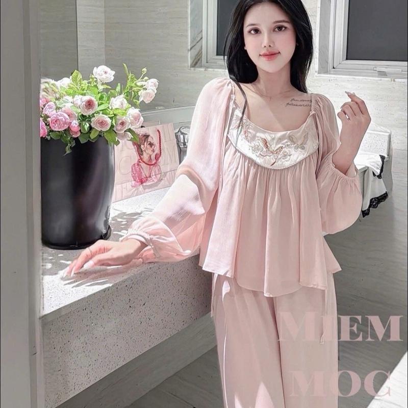 V429 - Set bộ dài 2 lớp lụa voan mềm dây cô yếm thêu hoa, hàng chuẩn QC cao cấp