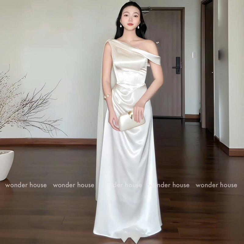  Missi Dress Wonderhouse Đầm xéo vai chất lụa mịn dáng dài dự tiệc sang trọng KÈM 1 NƠ CÀI 