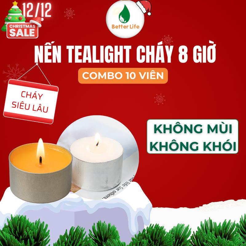 Nến tealight nhỏ cháy 8 GIỜ combo 10 viên đốt đèn xông tinh dầu bếp xông thảo mộc viên tròn màu trắng vàng cháy lâu