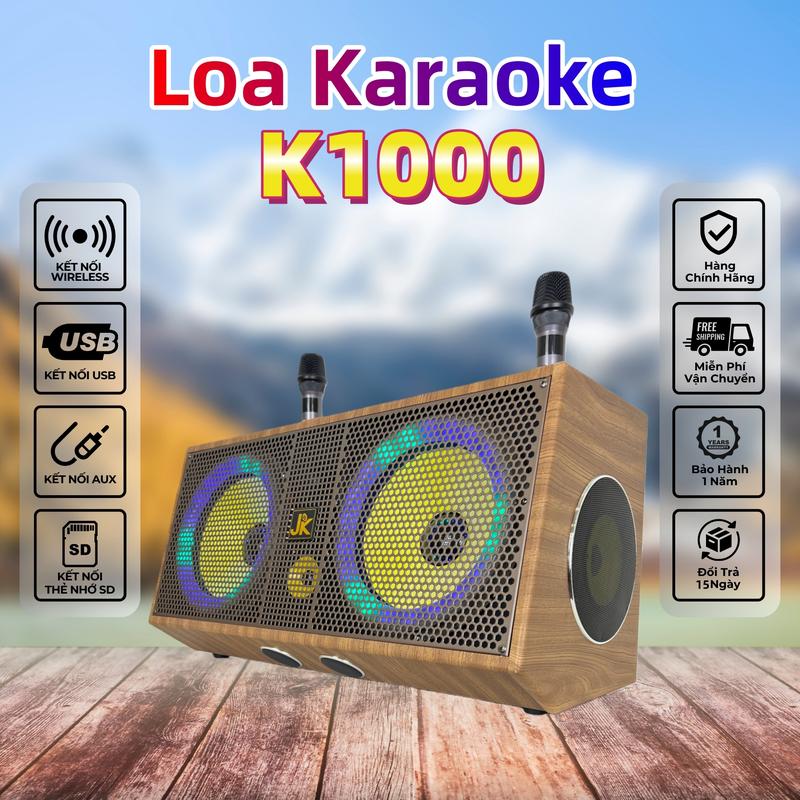 JK-K1000 650W Loa Karaoke Di Động Nghe Nhạc Xách Tay Bluetooth 7.5 LED tạo hiệu ứng 8 chế độ Loa ngoài trời Loa gia đình 2 Micro không dây 3 Đường Tiếng - Bass 25cm x 2 Mid x 3 Treble x 3 Bảo Hành 12 Tháng