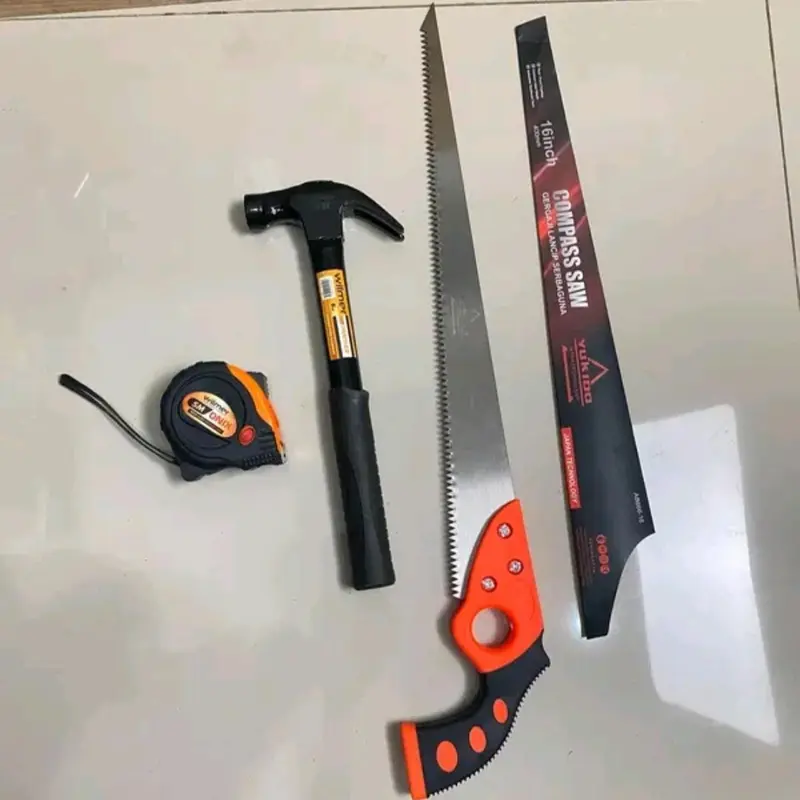 Paket Alat Tukang 3 item Gergaji Kayu Lancip 16inc Meteran 5 Meter dan Palu Gagang Besi 8oz 1