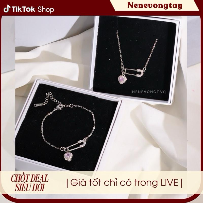 [tặng Hộp] Dây chuyền/ Vòng tay Safety Pin hai màu đính đá lấp lánh - hợp kim mạ bạc - trang sức nữ - vòng cổ nữ [Deal hời livestream Nene]
