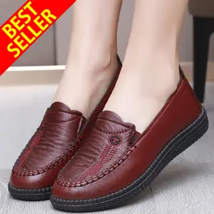 Sepatu Santai Wanita Slip-on Flats QINGSHUI - Model Kantor & Kerja, Bahan Kulit, Sol Karet, Hitam. Merah tua