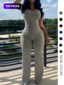 Mono de tirantes sólido para mujer con cuello redondo y bolsillo, mono ajustado de pierna recta y cómodo con tirantes delgados para verano, ropa de moda para damas para uso diario