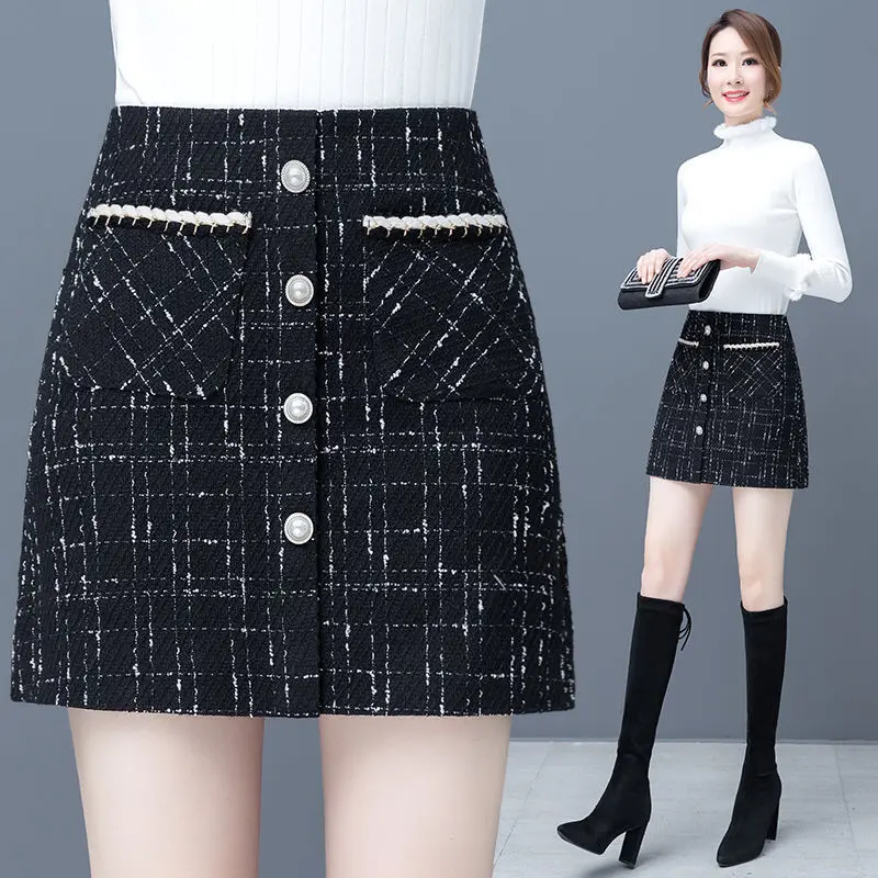 [Golden Potato👗Women's Wear] 2023 New Korean Version of Chanel's Style Woolen Skirt Women's Autumn and Winter High Waist Sheath A- line Skirt Plaid Skirt Sn7030