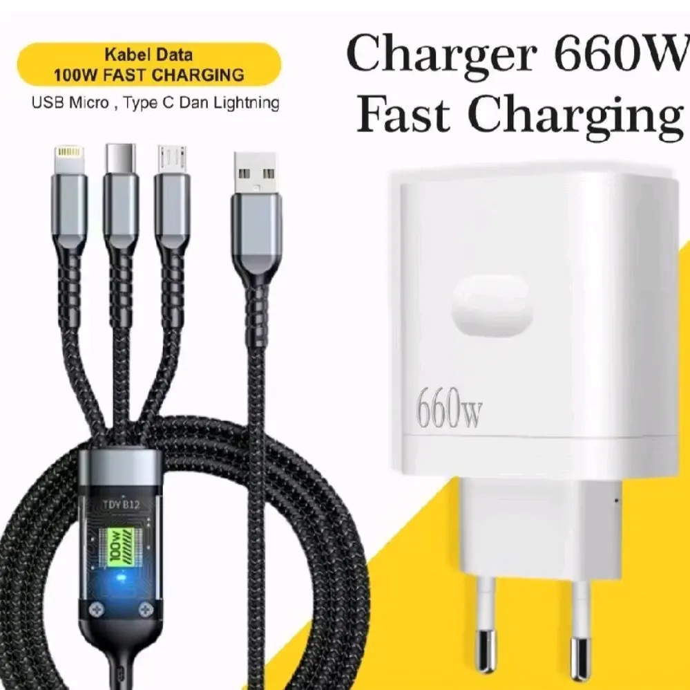 Charger 3 In 1 Fast....  Charger 660W Batok Reno 8 + Kabel Data 3in1 Fast  Charging 100W USB Micro, Type C, Lightning Best  Quality