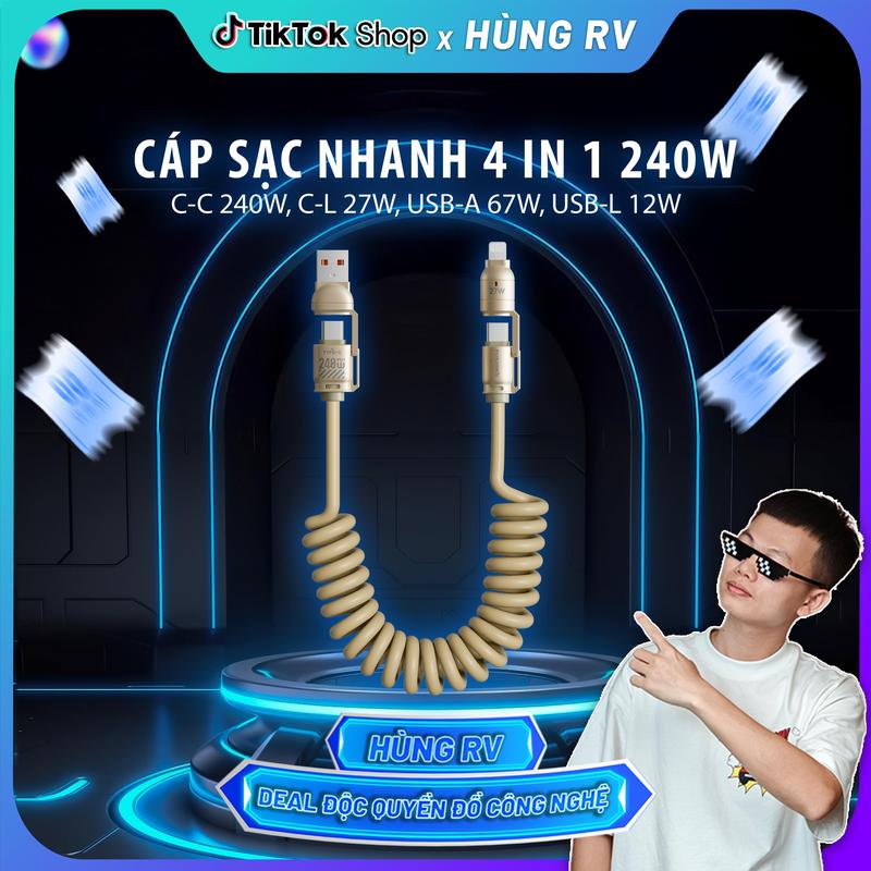 Cáp Sạc Lò Xo 4 in 1 240W - Sạc Nhanh 4 Đầu Cáp C-C, C-L, USB, Chiều Dài Tối Đa 2M | FUSIONX 240W
