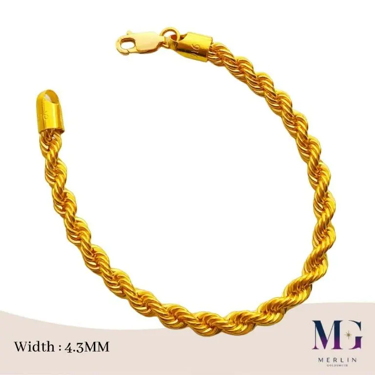 Merlin Goldsmith 916 22k Gold 916 Gold (4.3mm) Hollow Rope Bracelet (HRB-6GM+)