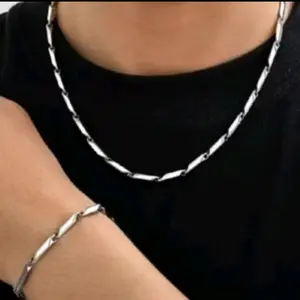 SATU SET KALUNG DAN GELANG RANTAI TITANIUM MODEL PADI TERBARU ANTI KARAT Elegan Silver